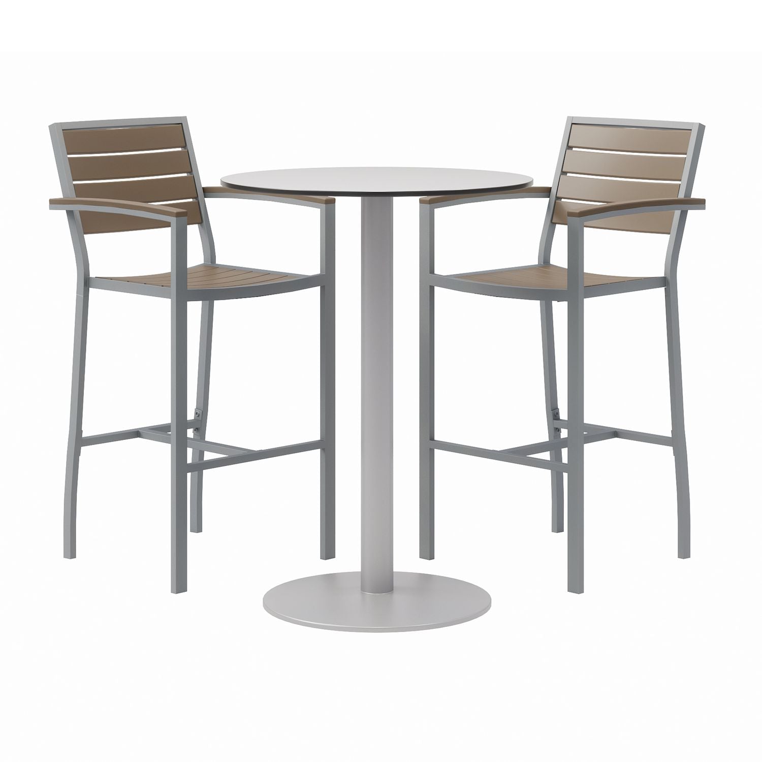 KFI Studios Eveleen Outdoor Bistro Patio Table, Two Mocha Powder-Coated Polymer Barstools, Round, 30" Dia x 41h, Gray
