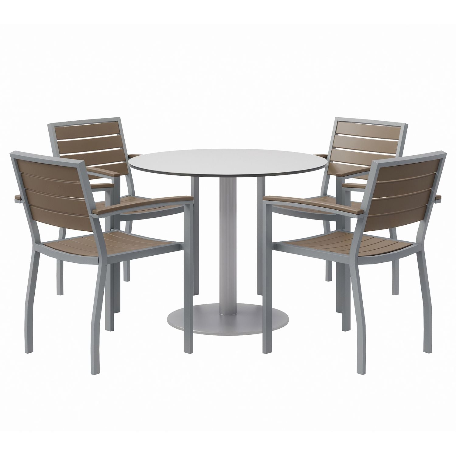 KFI Studios Eveleen Outdoor Patio Table, Four Mocha Powder-Coated Polymer Chairs, Round, 36" Dia x 29h, Fashion Gray