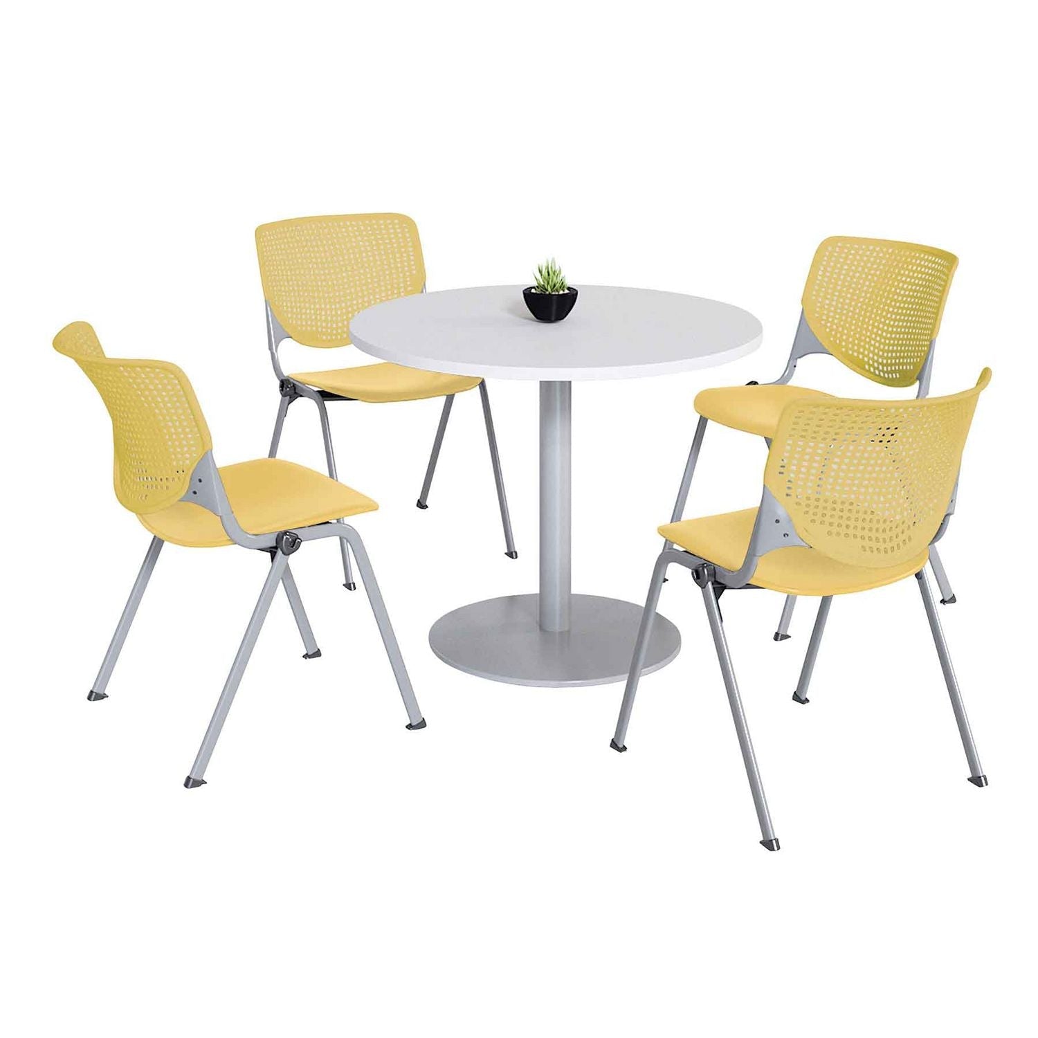 KFI Studios Pedestal Table with Four Yellow Kool Series Chairs, Round, 36" Dia x 29h, Designer White