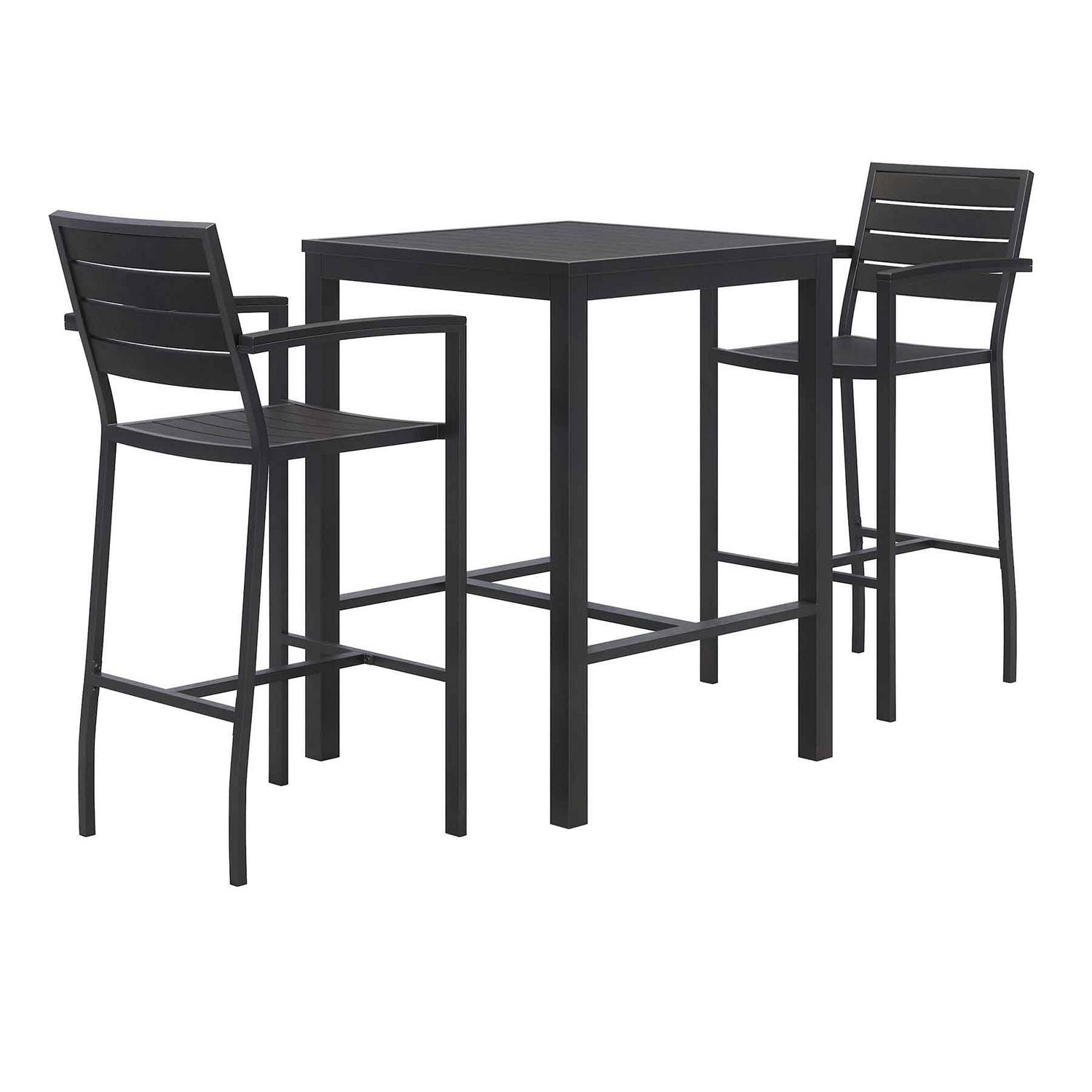 KFI Studios Eveleen Outdoor Bistro Patio Table with Two Black Powder-Coated Polymer Barstools, 30" Square, Black