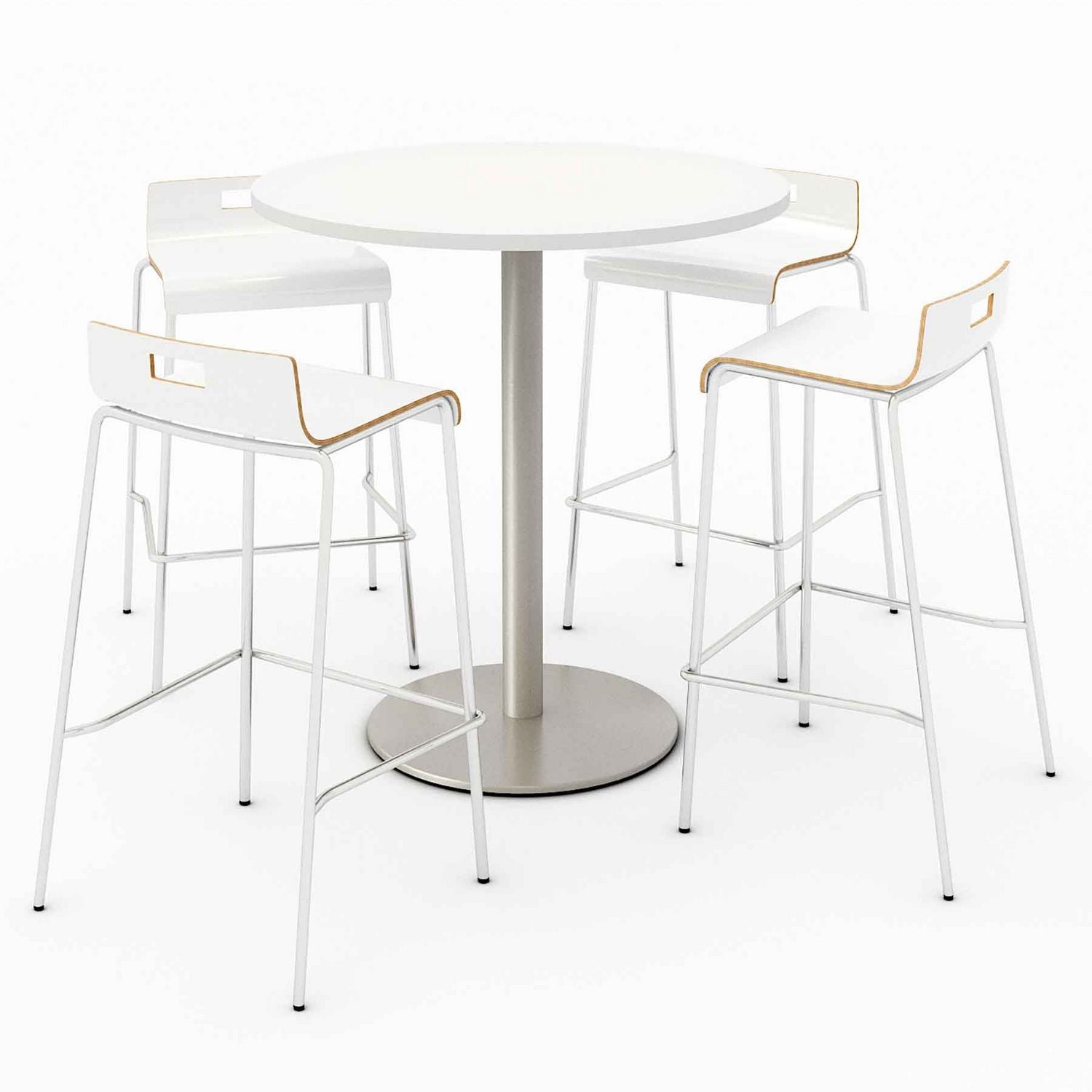 KFI Studios Pedestal Bistro Table with Four White Jive Series Barstools, Round, 36" Dia x 41h, Designer White