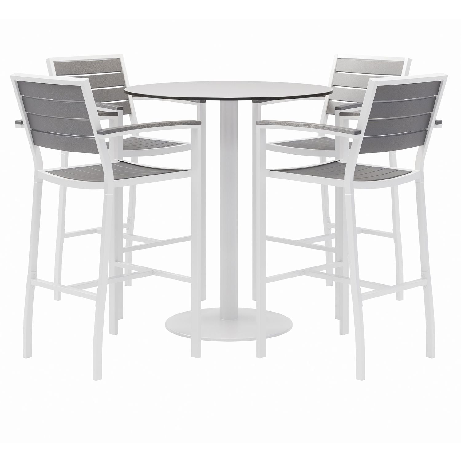 KFI Studios Eveleen Outdoor Bistro Patio Table with Four Gray Powder-Coated Polymer Barstools, Round, 41"h, White