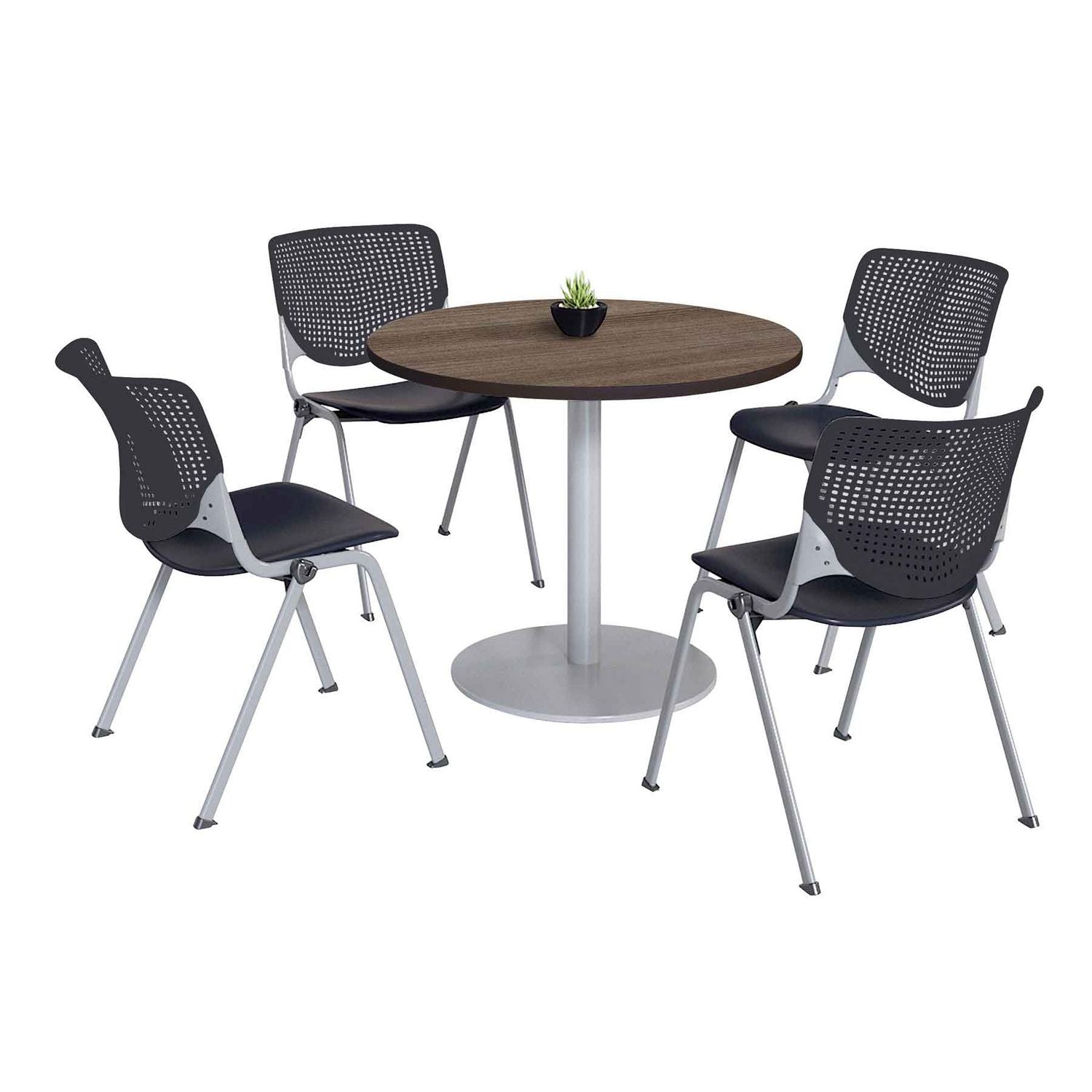KFI Studios Pedestal Table with Four Black Kool Series Chairs, Round, 36" Dia x 29h, Studio Teak