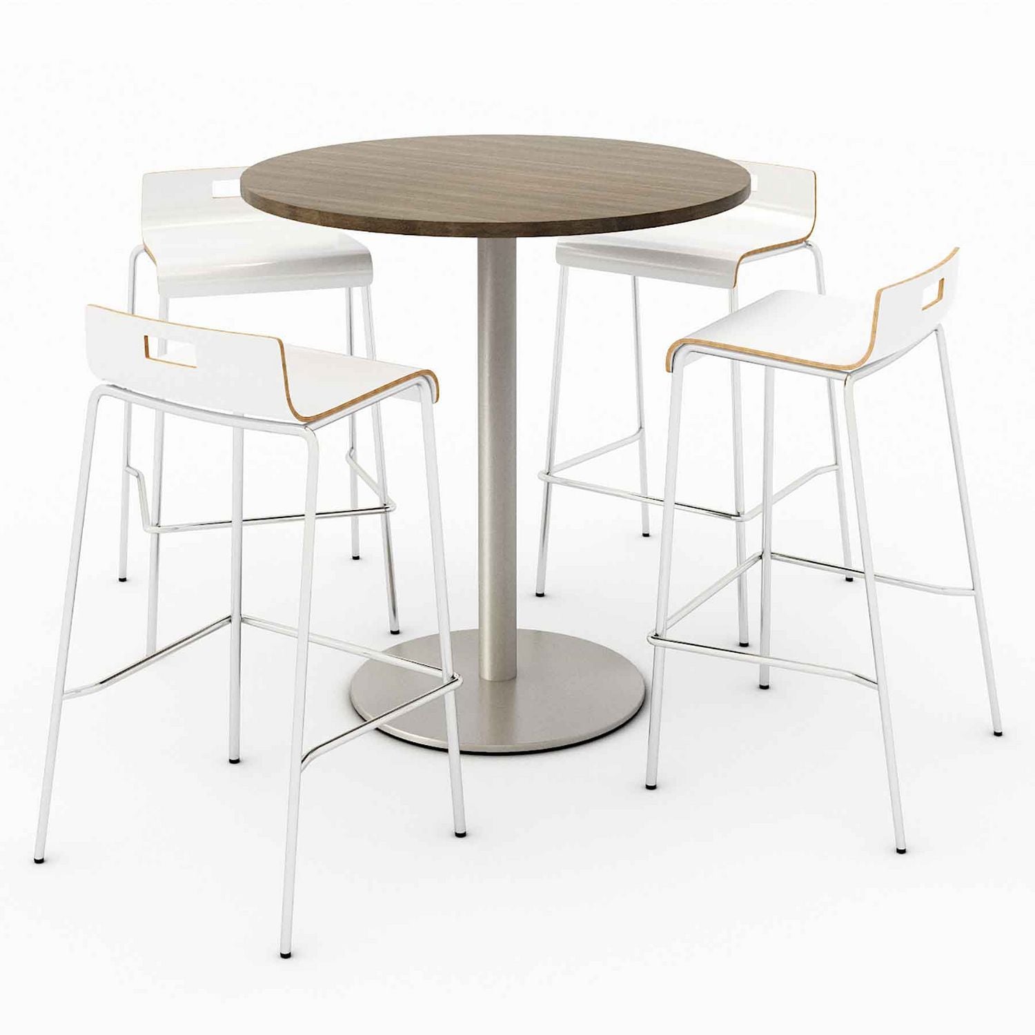 KFI Studios Pedestal Bistro Table with Four White Jive Series Barstools, Round, 36" Dia x 41h, Studio Teak