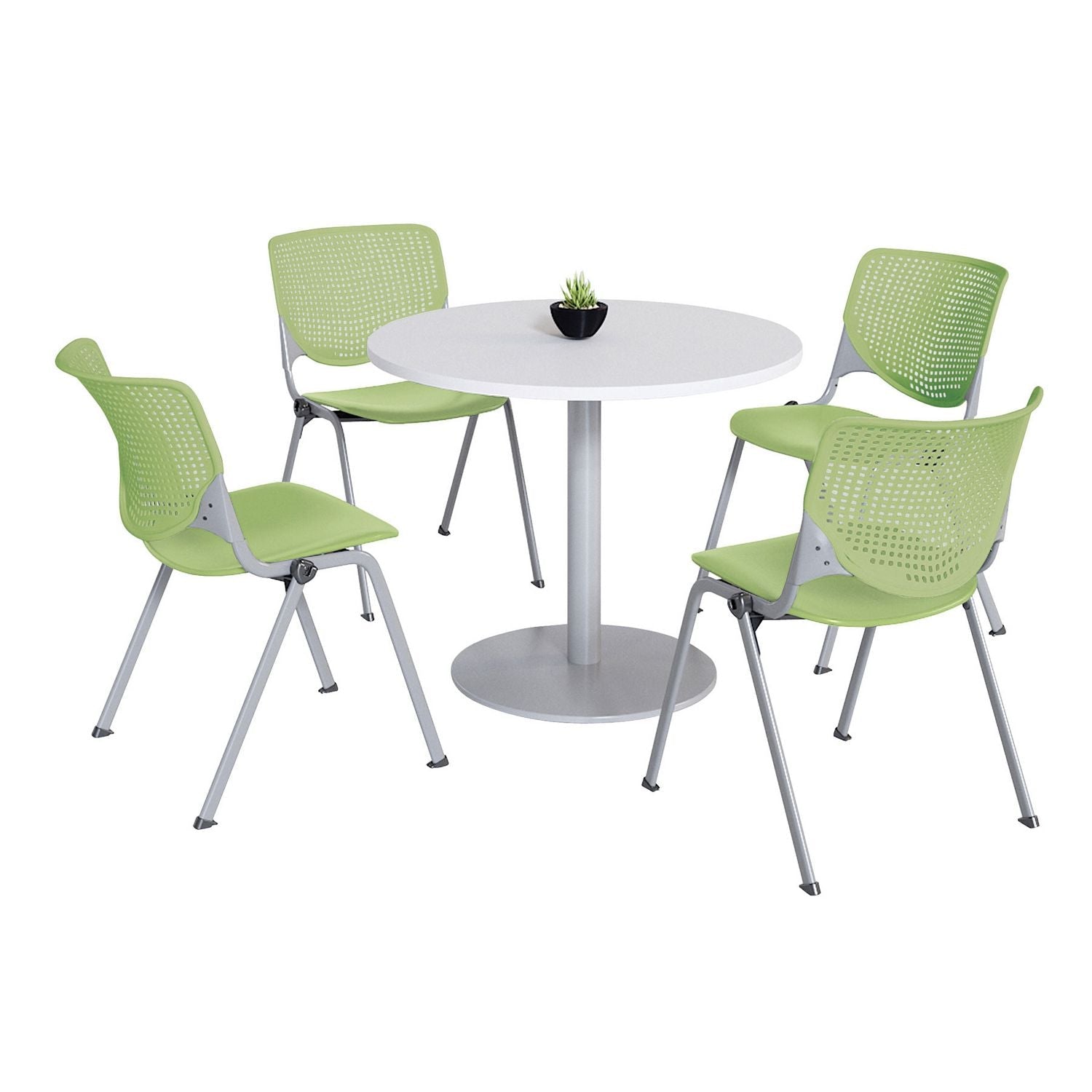 KFI Studios Pedestal Table with Four Lime Green Kool Series Chairs, Round, 36" Dia x 29h, Designer White
