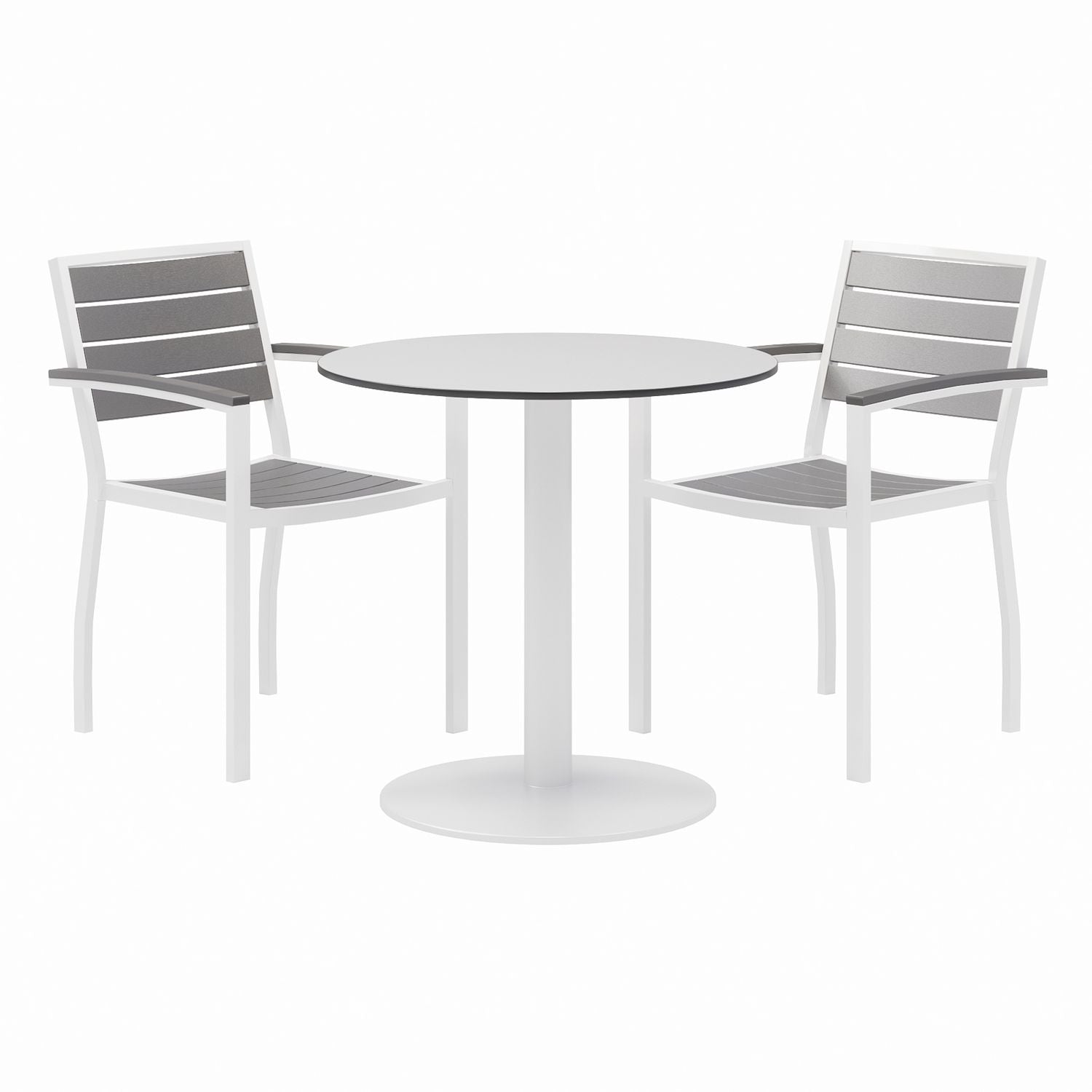 KFI Studios Eveleen Outdoor Patio Table with Two Gray Powder-Coated Polymer Chairs, 30" Dia x 29h, Designer White