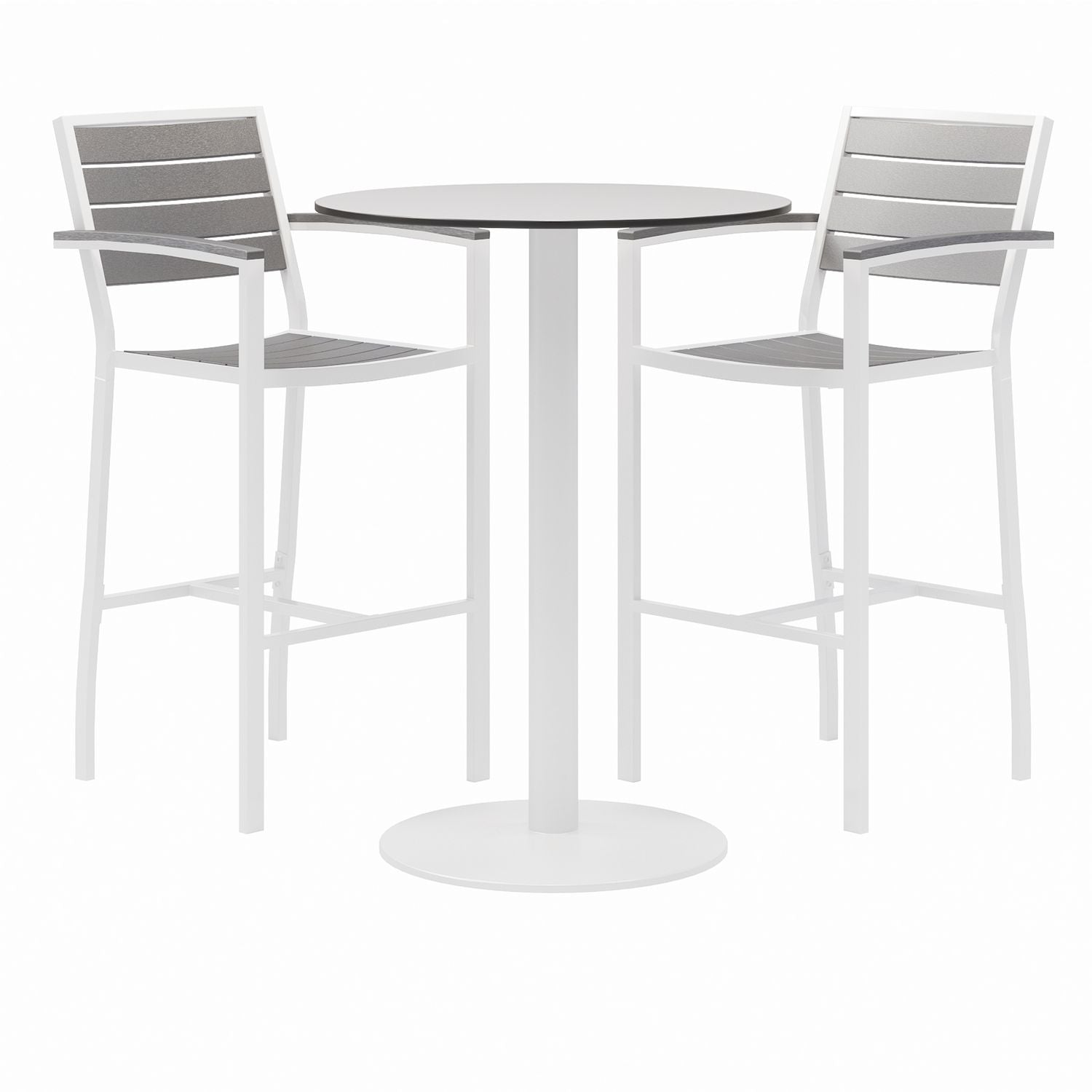 KFI Studios Eveleen Outdoor Bistro Patio Table, Two Gray Powder-Coated Polymer Barstools, Round, 30" Dia x 41h, White