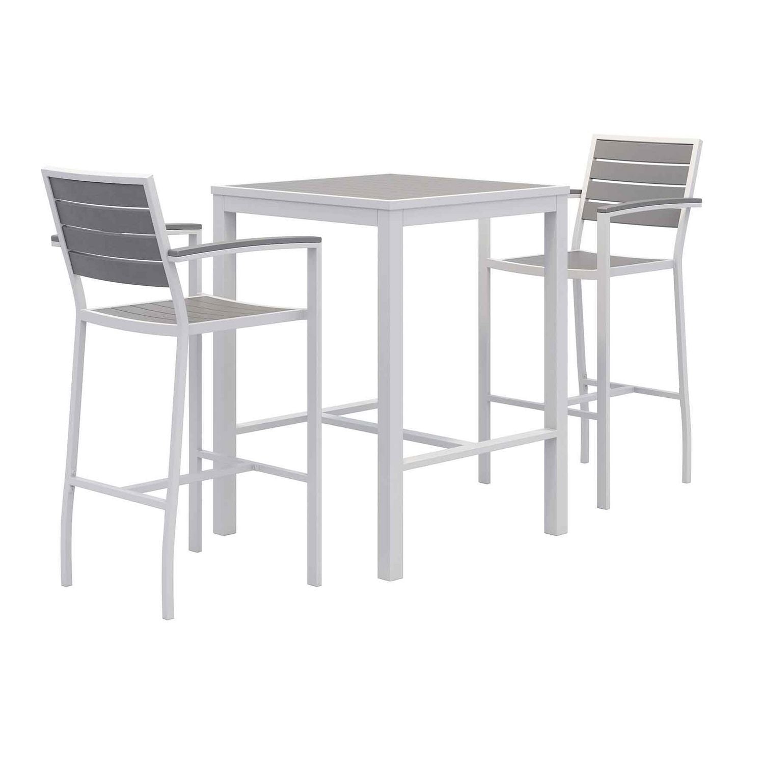 KFI Studios Eveleen Outdoor Bistro Patio Table with Two Gray Powder-Coated Polymer Barstools, 30" Square, Gray