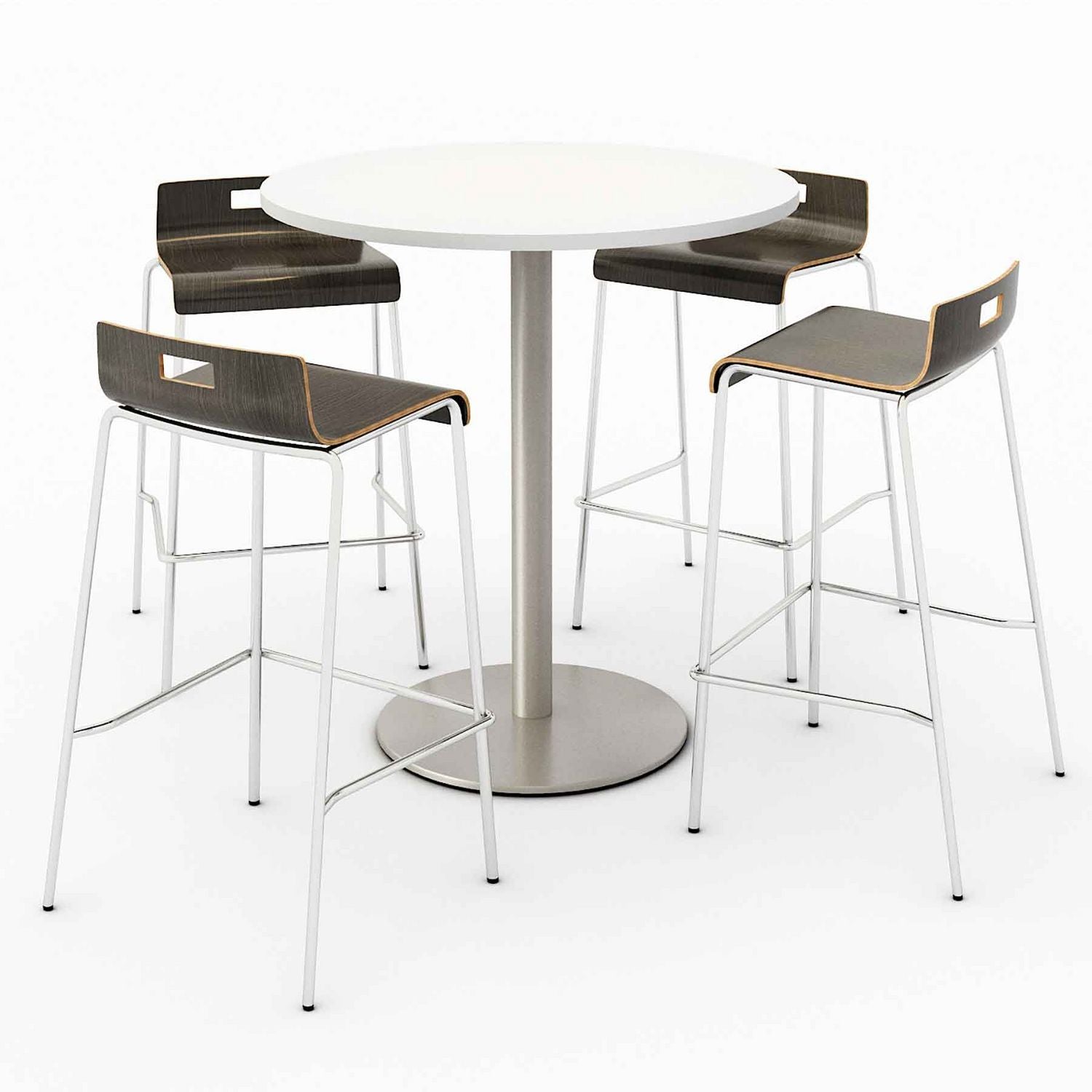 KFI Studios Pedestal Bistro Table with Four Espresso Jive Series Barstools, Round, 36" Dia x 41h, Designer White