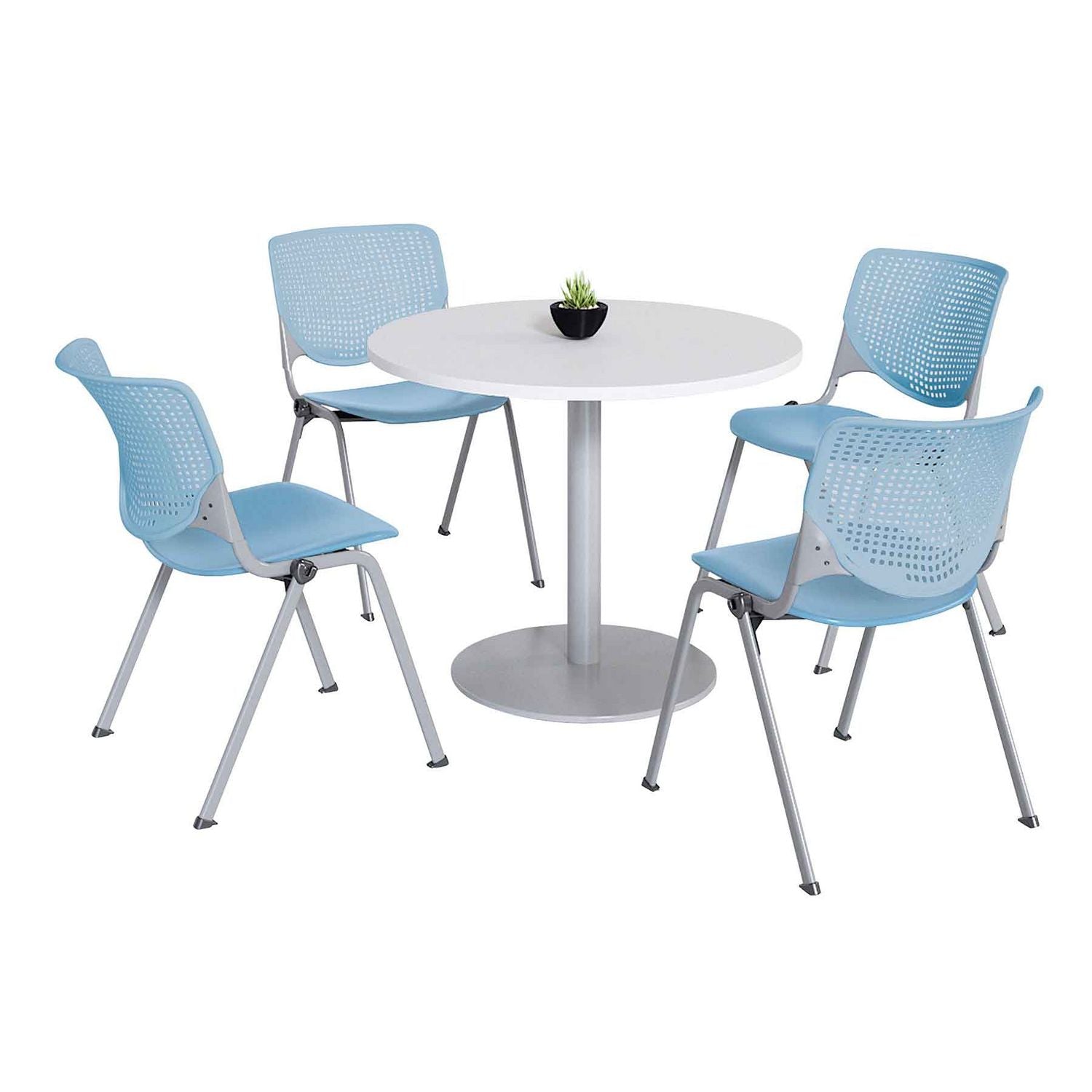 KFI Studios Pedestal Table with Four Sky Blue Kool Series Chairs, Round, 36" Dia x 29h, Designer White
