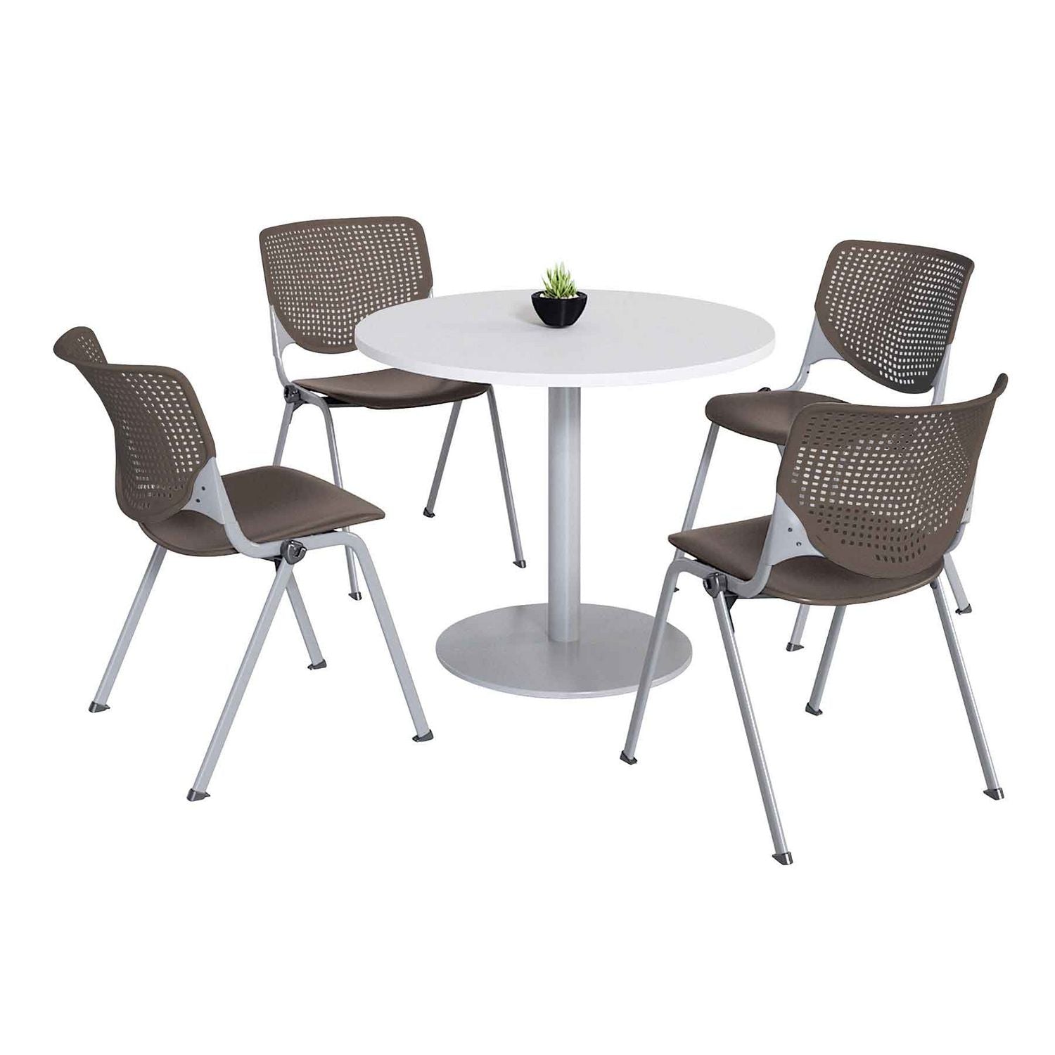 KFI Studios Pedestal Table with Four Brownstone Kool Series Chairs, Round, 36" Dia x 29h, Designer White