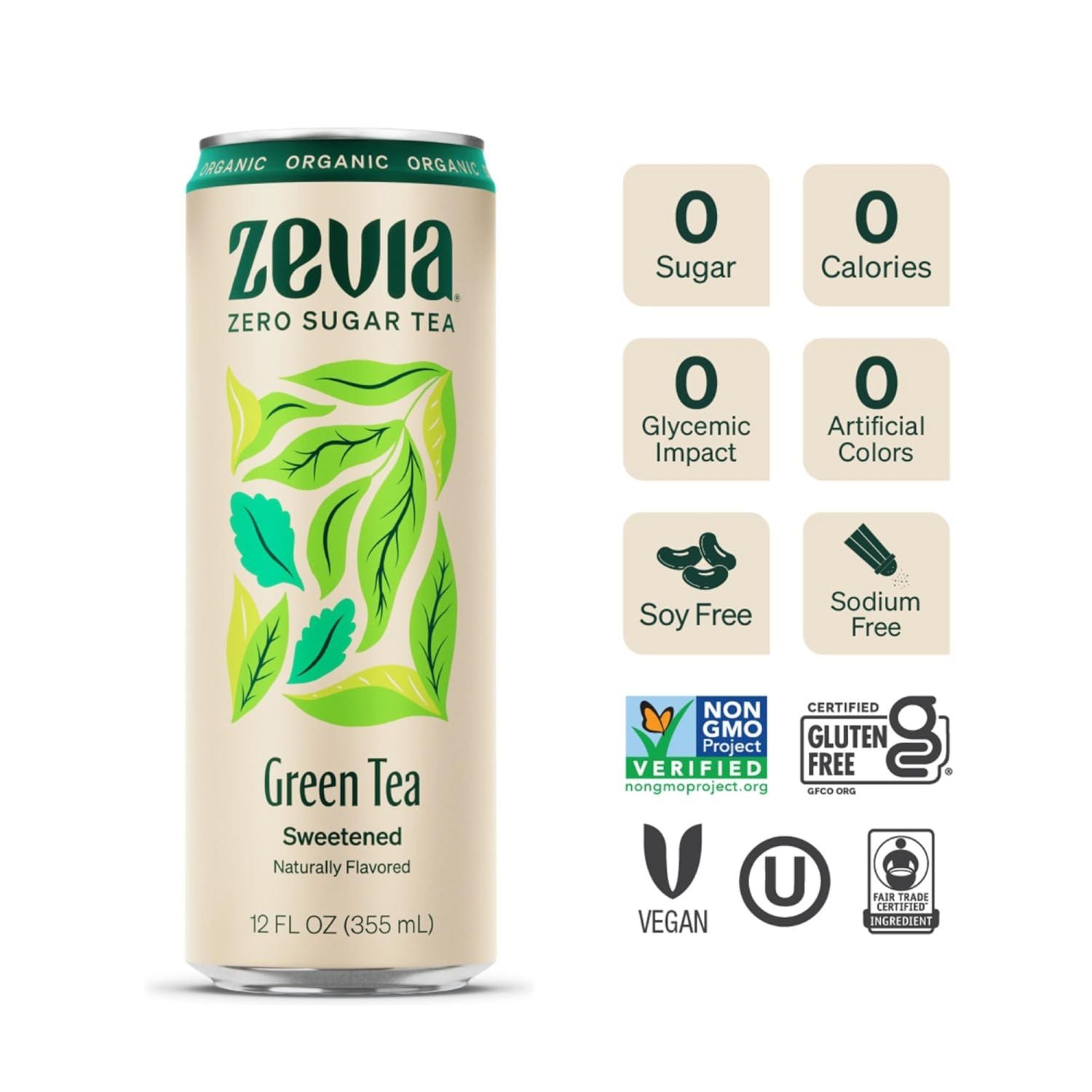 Zevia® Zero Sugar Naturally Sweetened Green Tea, 12 oz Can, 12/Carton