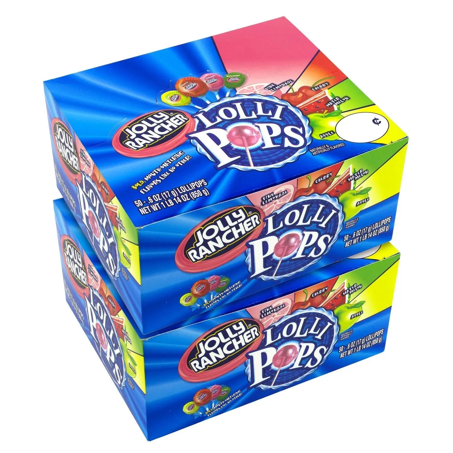 Jolly Rancher® Lollipops Assortment, Assorted Flavors, 0.6 oz Individually Wrapped, 50/Box, 2 Boxes/Carton