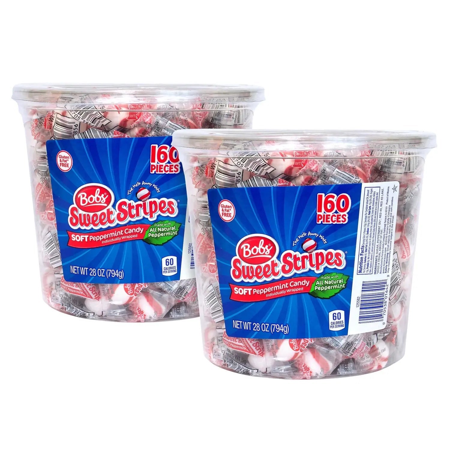 Ferrara® Bobs Sweet Stripes Soft Candy, Peppermint, 0.18 oz Individually Wrapped, 160/Tub, 2 Tubs/Carton