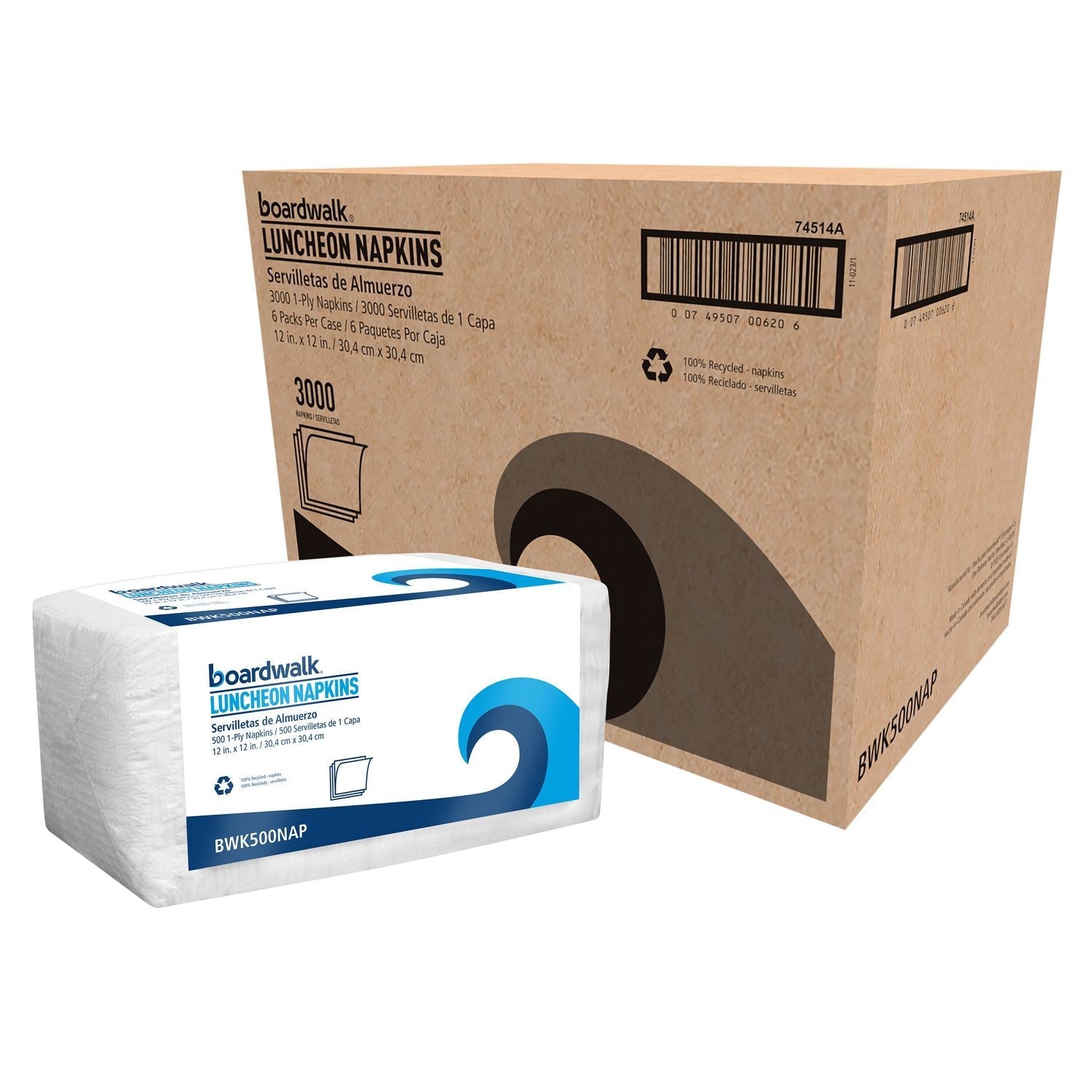 Boardwalk® 1/4-Fold Lunch Napkins, 1-Ply, 12" x 12", White, 500/Pack, 6 Packs/Carton