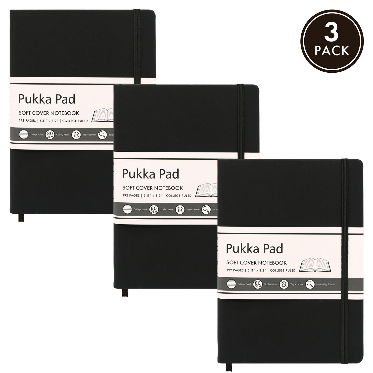 PUKKA PAD® Soft Cover Notebook, College Rule, Black Cover, (96) 8.2 x 5.11 Sheets, 3/Pack