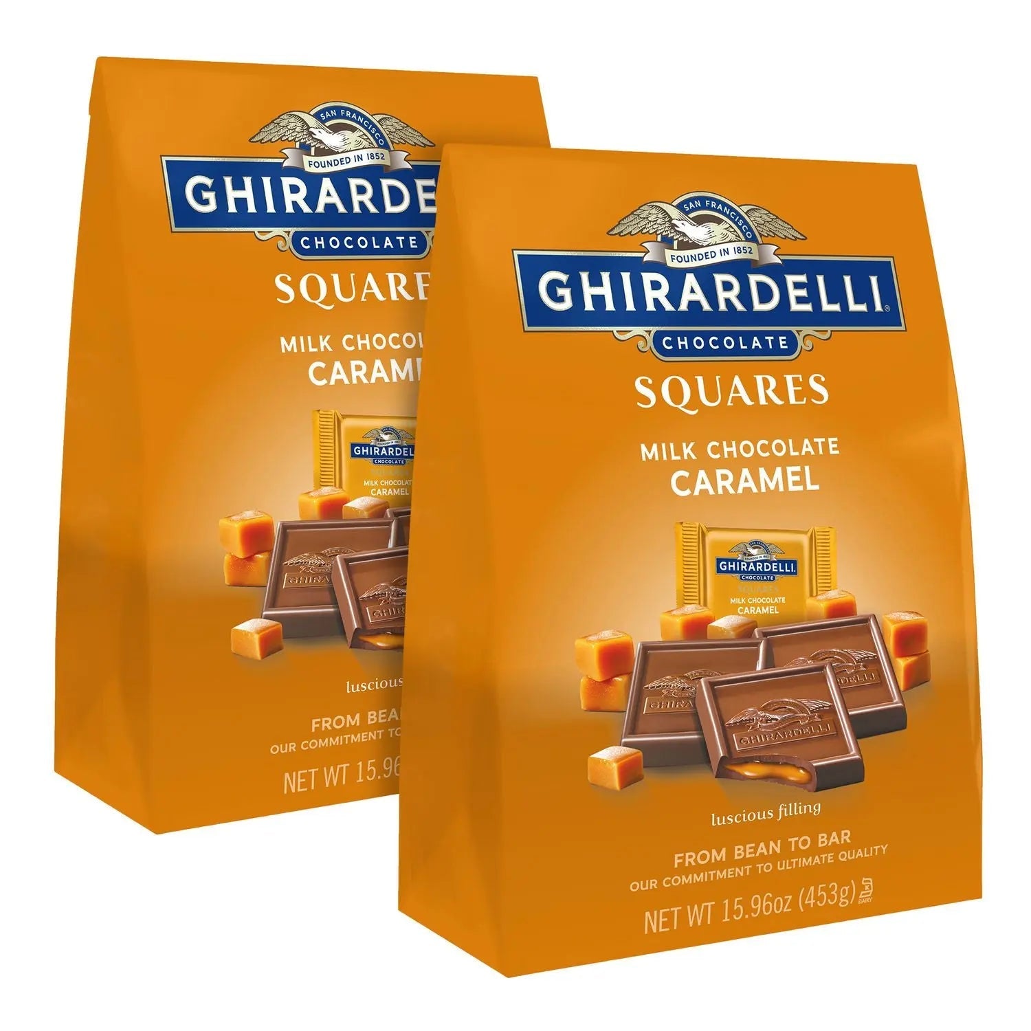 Ghirardelli® Milk Chocolate and Caramel Chocolate Squares, 15.96 oz Bag, 2/Carton
