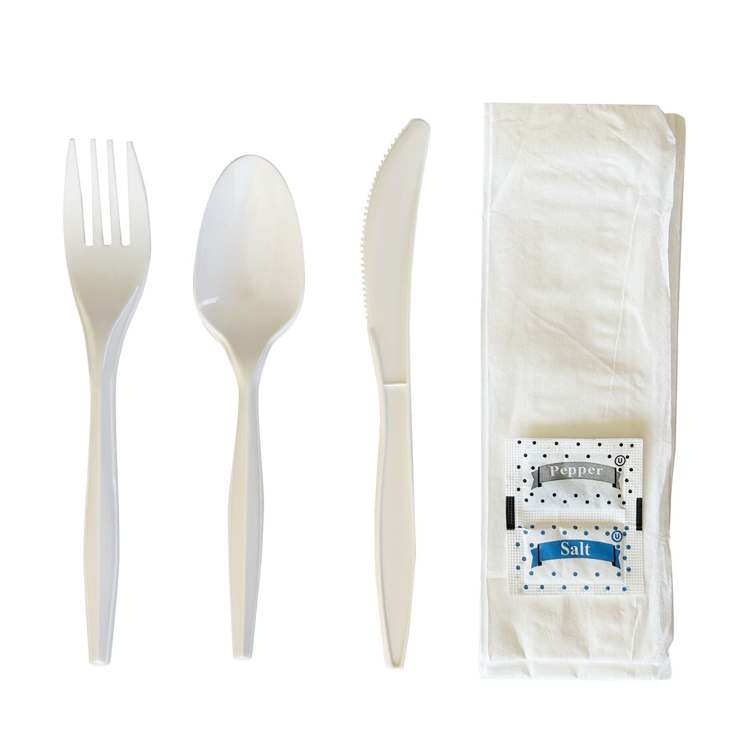 Boardwalk® Six-Piece Cutlery Kit, Mediumweight, Fork/Knife/Napkin/Pepper/Salt/Spoon, 5.86", Plastic, White, 250/Carton