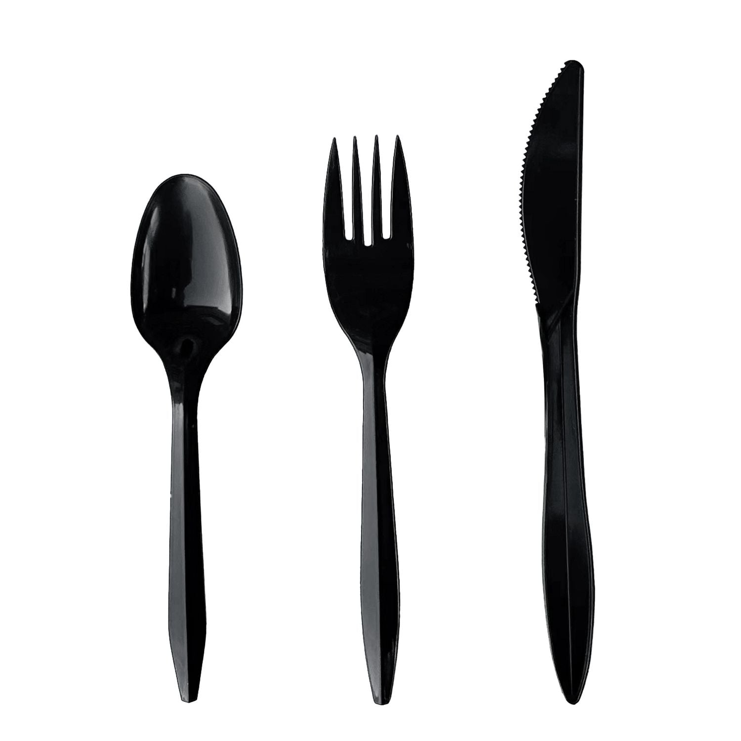 Boardwalk® Four-Piece Cutlery Kit, Mediumweight, Fork/Knife/Napkin/Spoon, Plastic, 6.38", Black, 250/Carton