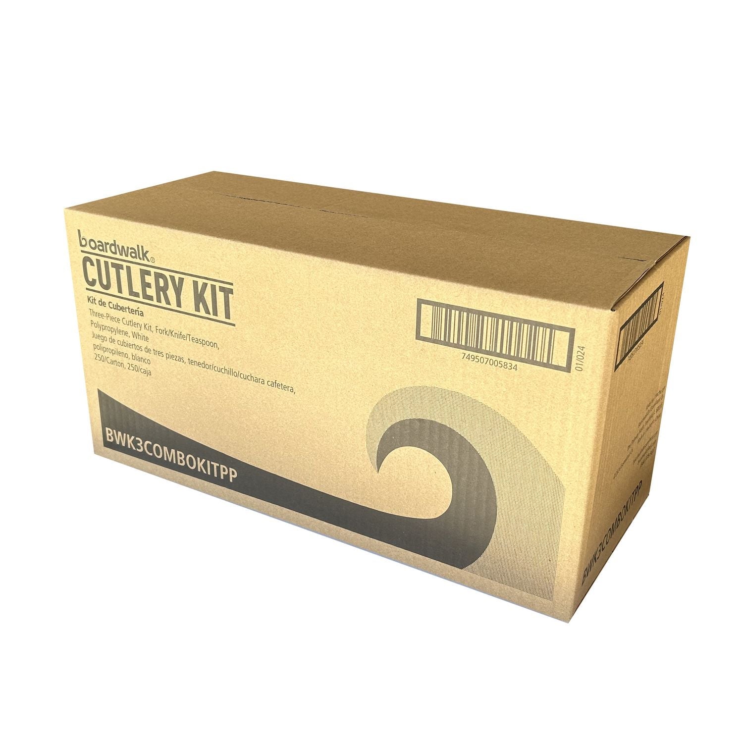 Boardwalk® Three-Piece Cutlery Kit, Mediumweight, Fork/Knife/Spoon, 6.97", Plastic, White, 250/Carton