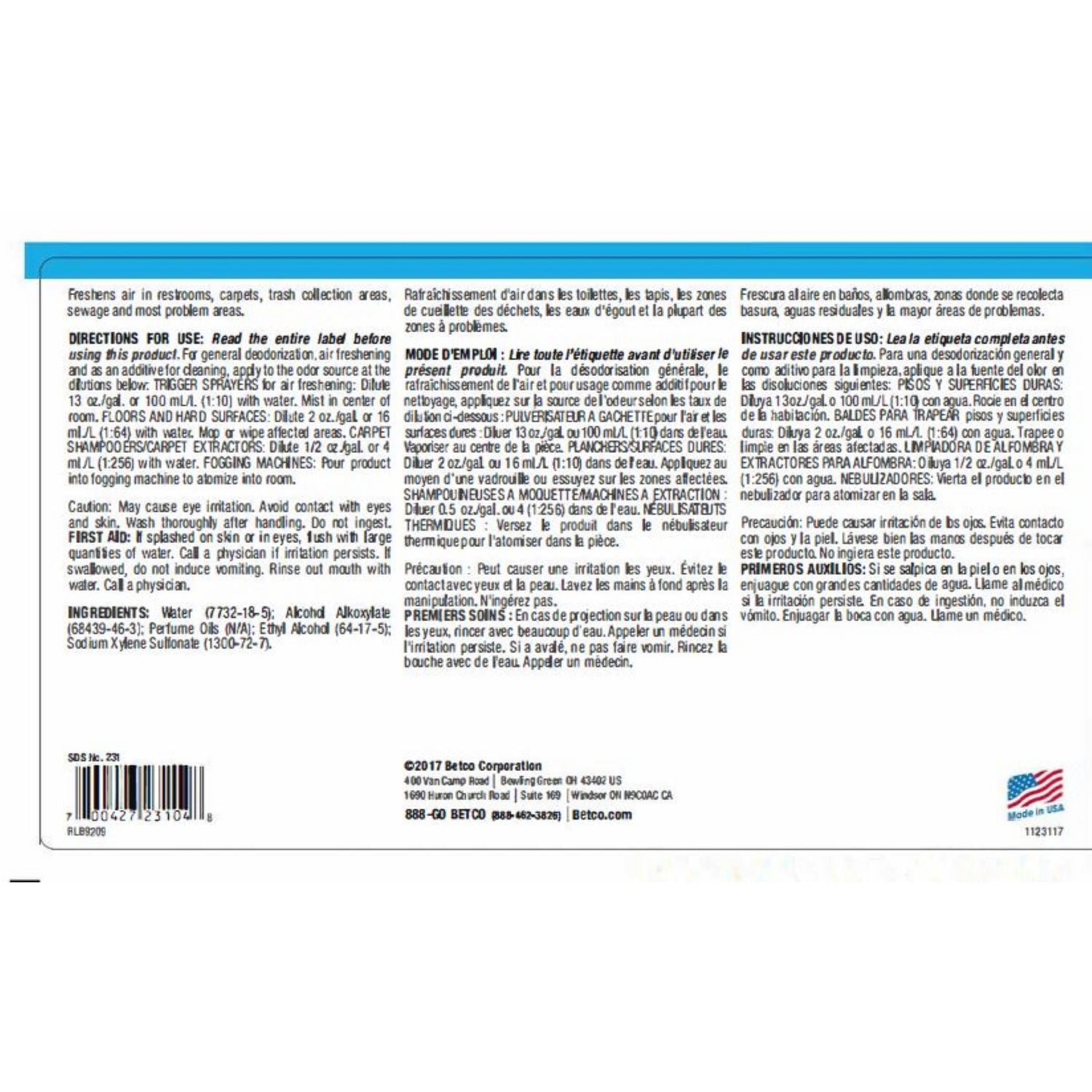 Betco® BestScent Ocean Breeze Deodorizer, Ocean Breeze Scent, 1 gal Bottle, 4/Carton