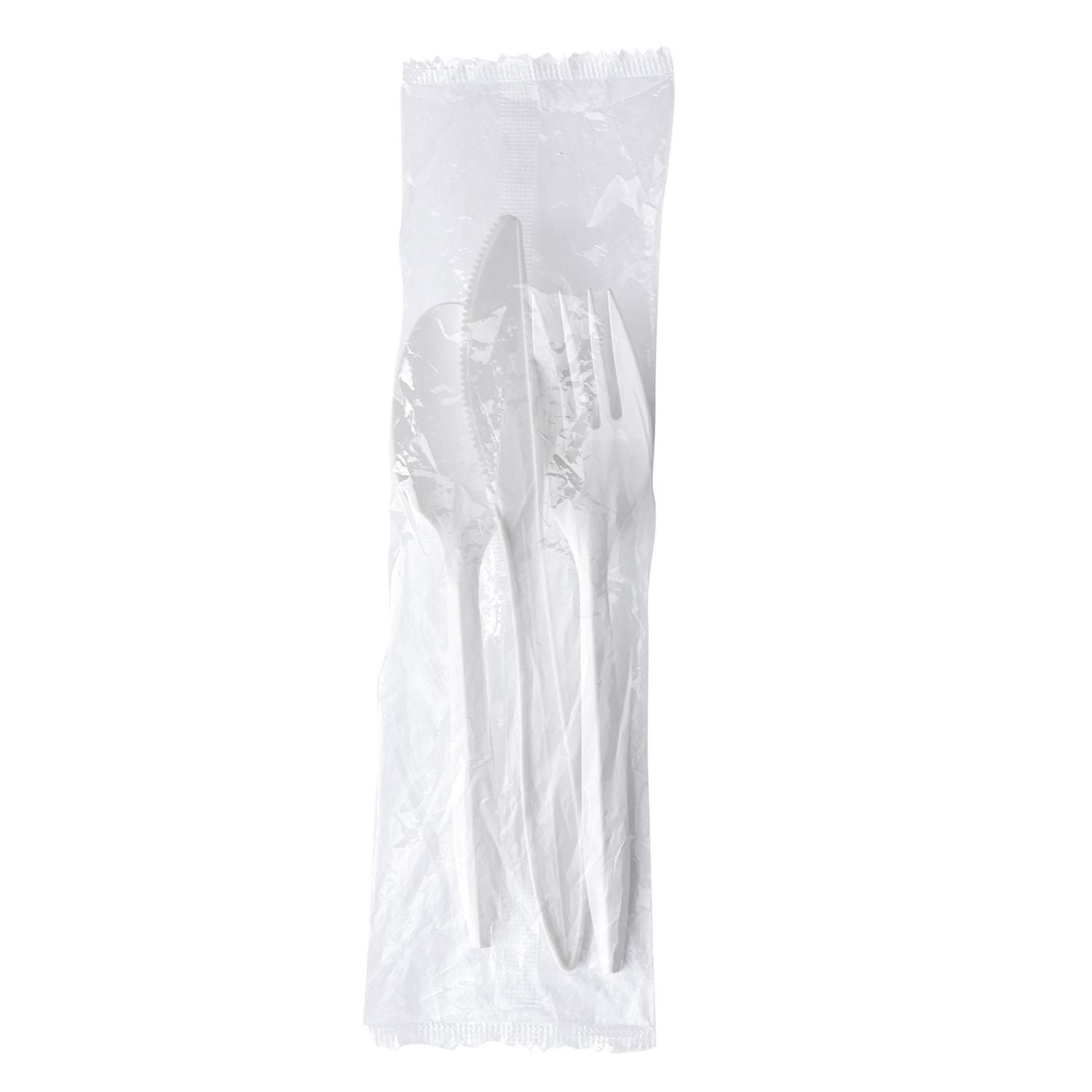 Boardwalk® Three-Piece Polypropylene Cutlery Kit, Mediumweight, Fork/Knife/Spoon, Plastic, White, 250/Carton