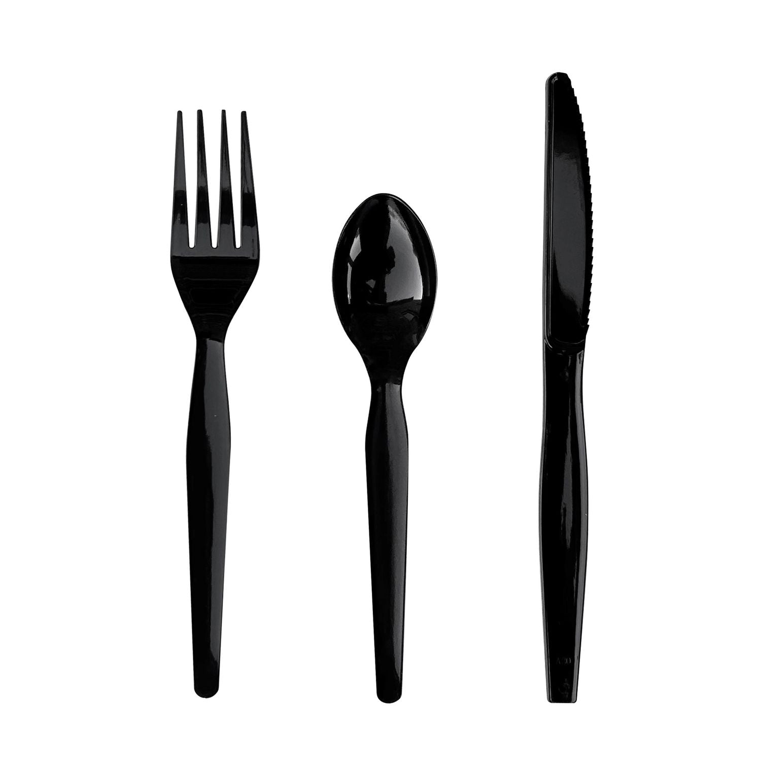 Boardwalk® Three-Piece Polystyrene Cutlery Kit, Heavyweight, Fork/Knife/Spoon, Plastic, Black, 250/Carton