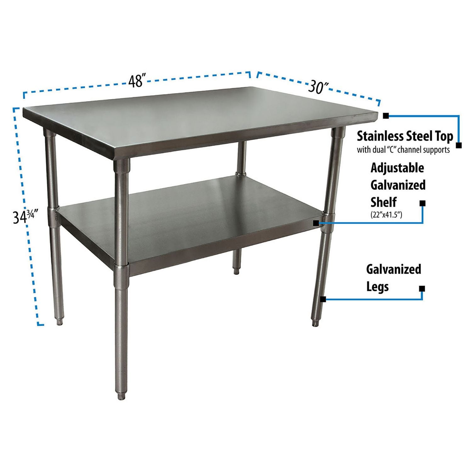 BK Resources Stainless Steel Flat Top Work Tables, 48w x 30d x 36h, Silver, 2/Pallet