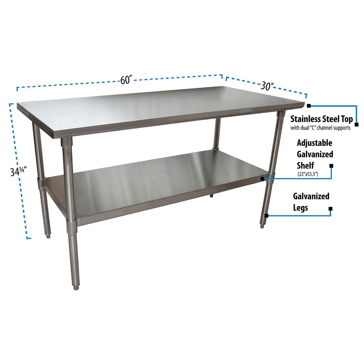 BK Resources Stainless Steel Flat Top Work Tables, 60w x 30d x 36h, Silver, 2/Pallet