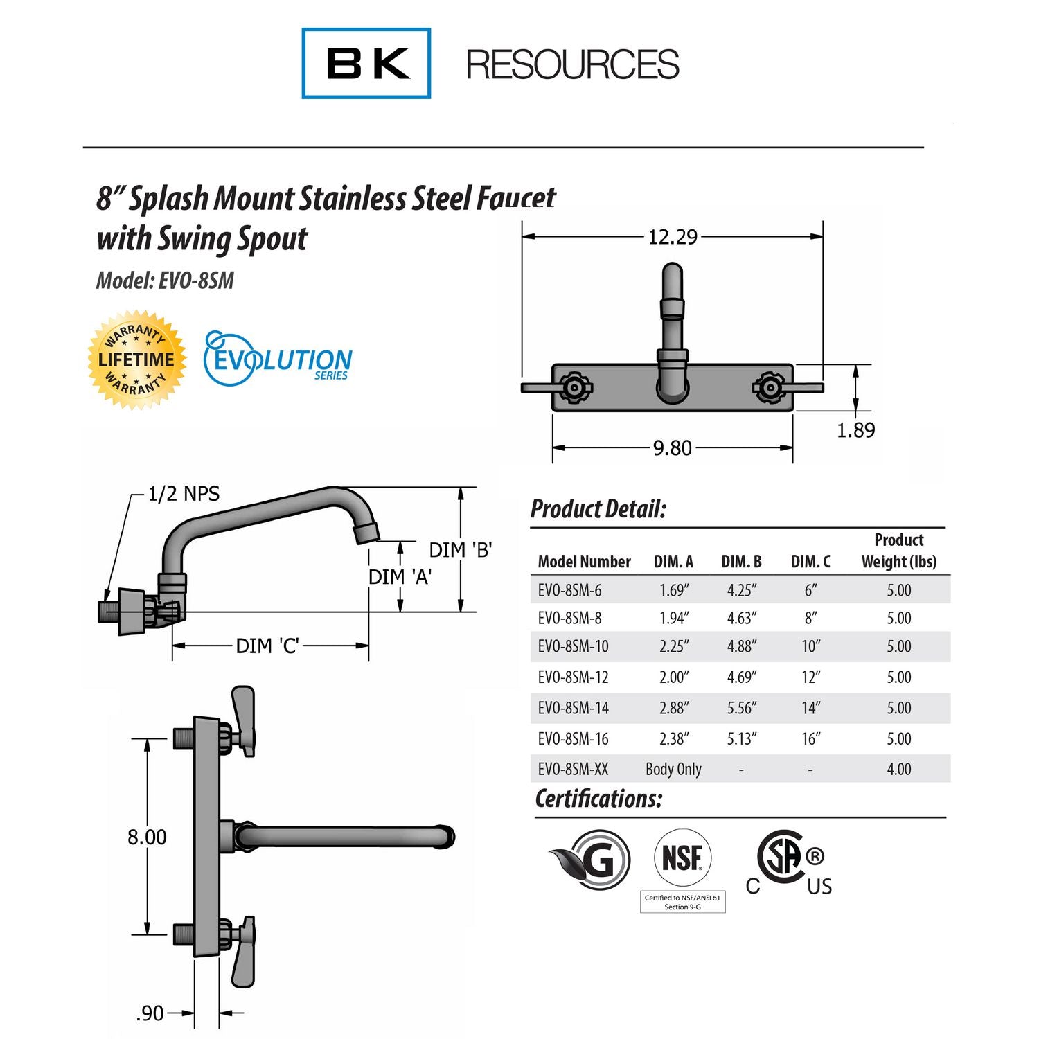 BK Resources Evolution Splash Mount Stainless Steel Faucet, 4.69" Height/12" Reach, Stainless Steel