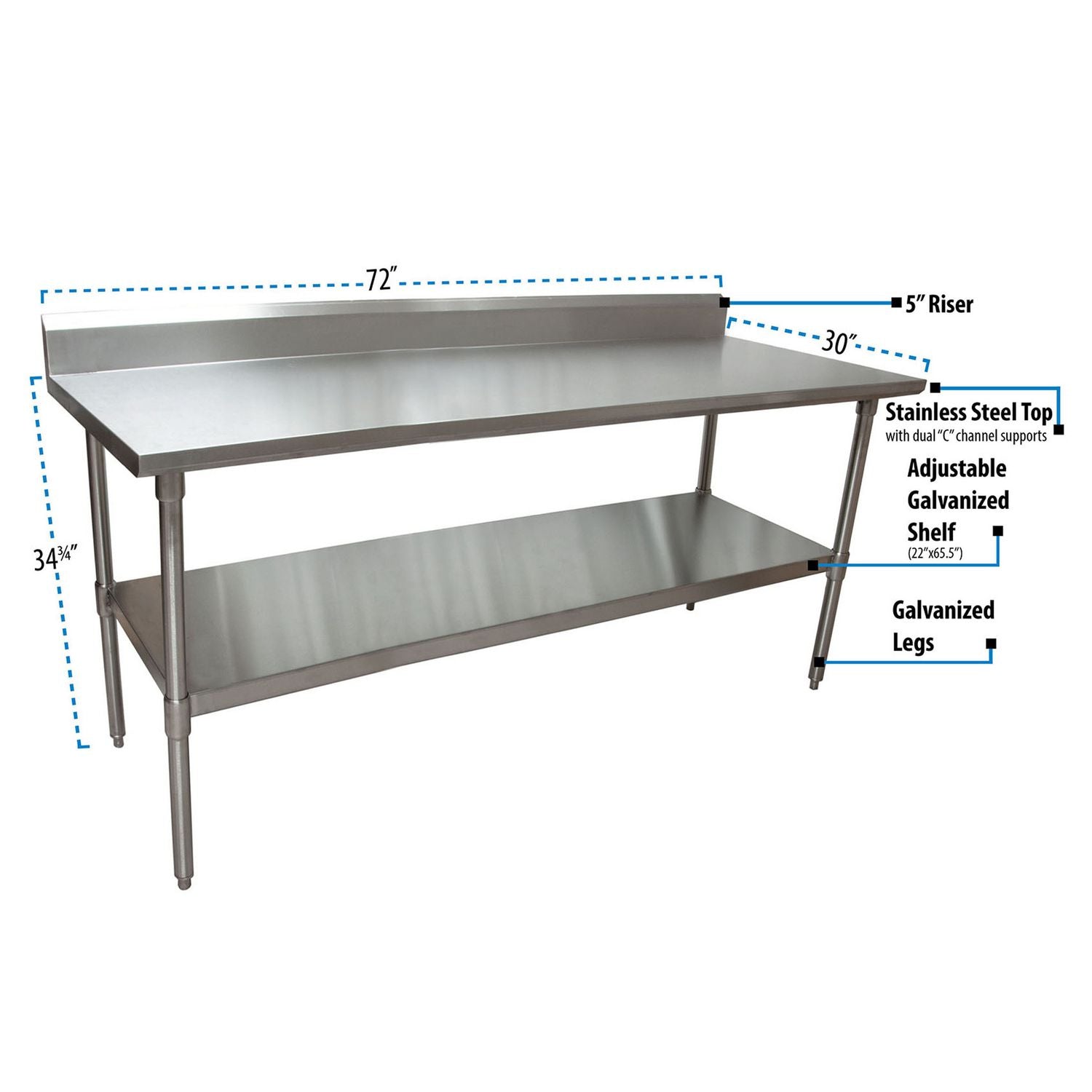 BK Resources Stainless Steel 5" Riser Top Tables, 72w x 30d x 39.75h, Silver, 2/Pallet