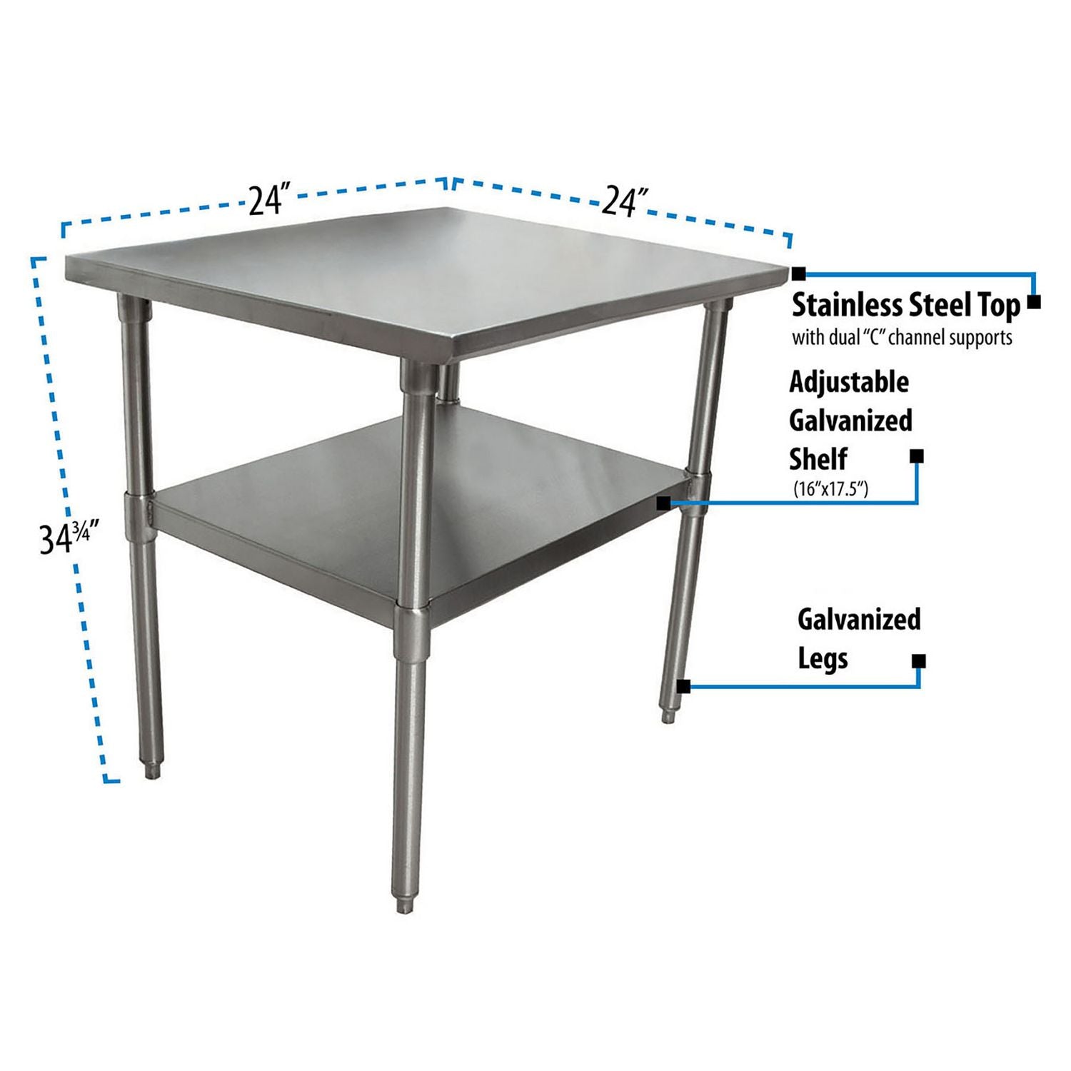 BK Resources Stainless Steel Flat Top Work Tables, 24w x 24d x 36h, Silver, 2/Pallet