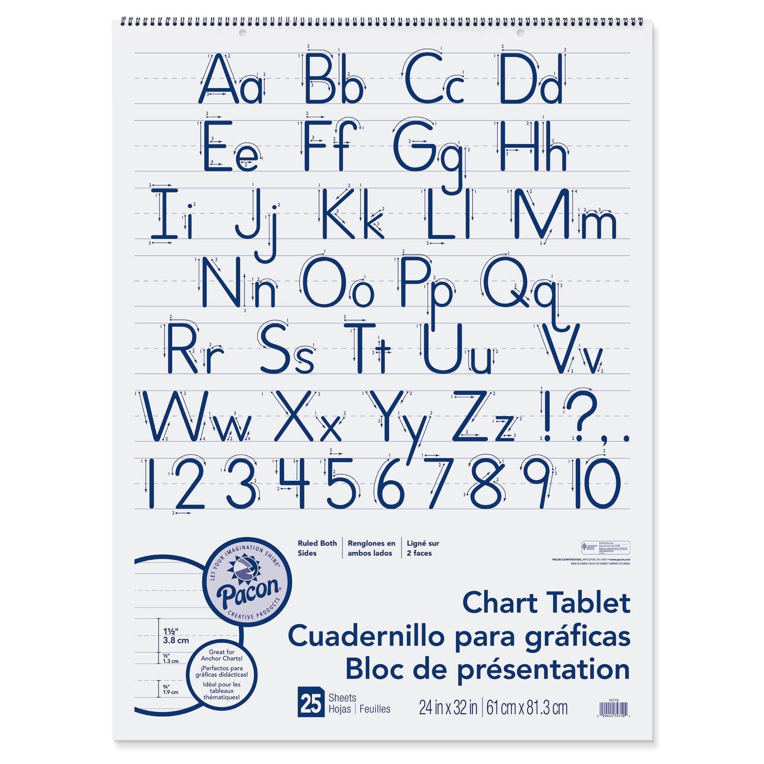 Pacon® Chart Tablets, Presentation Format (1.5" Rule), 24 x 32, White, 25 Sheets, 12/Carton