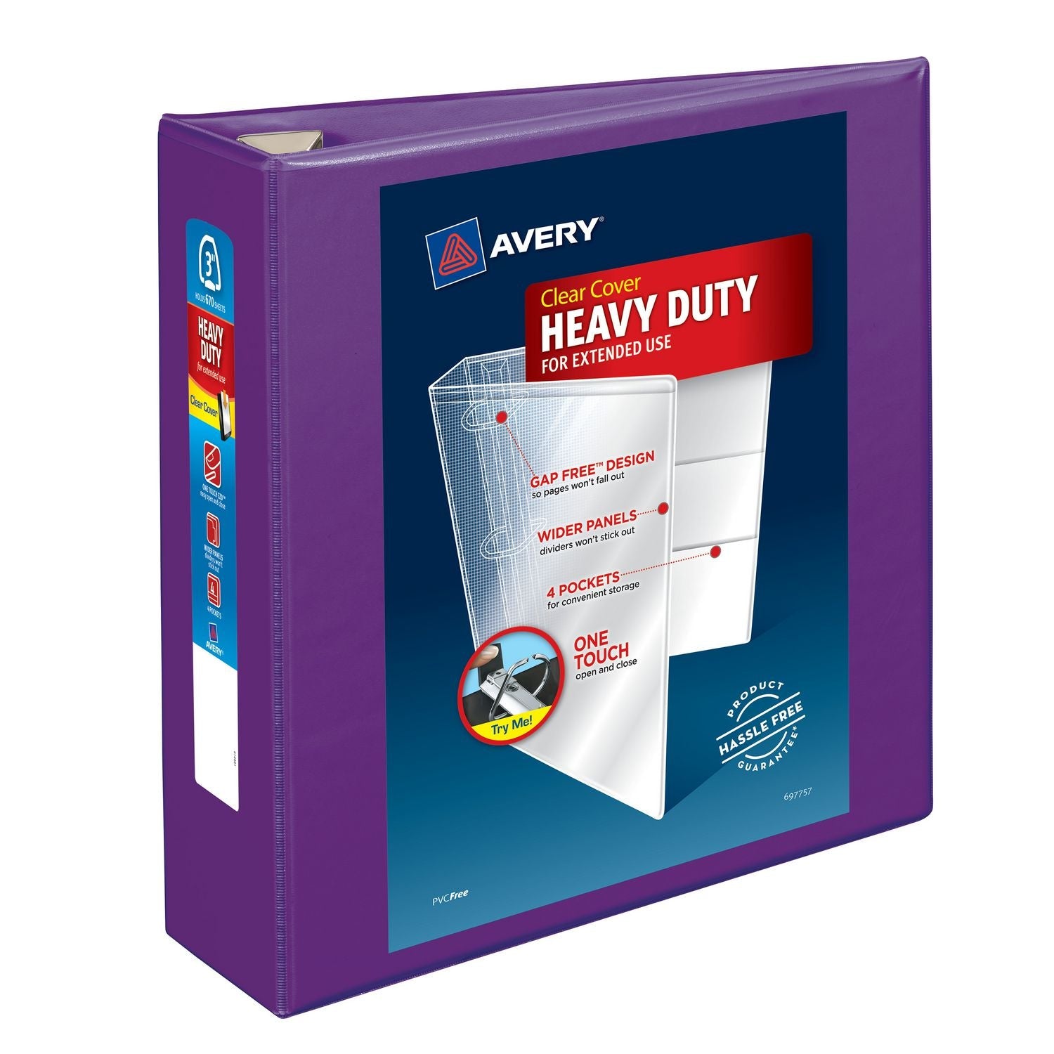 Avery® Heavy-Duty View Binder with DuraHinge and One Touch EZD Rings, 3 Rings, 3" Capacity, 11 x 8.5, Purple, 4/Carton