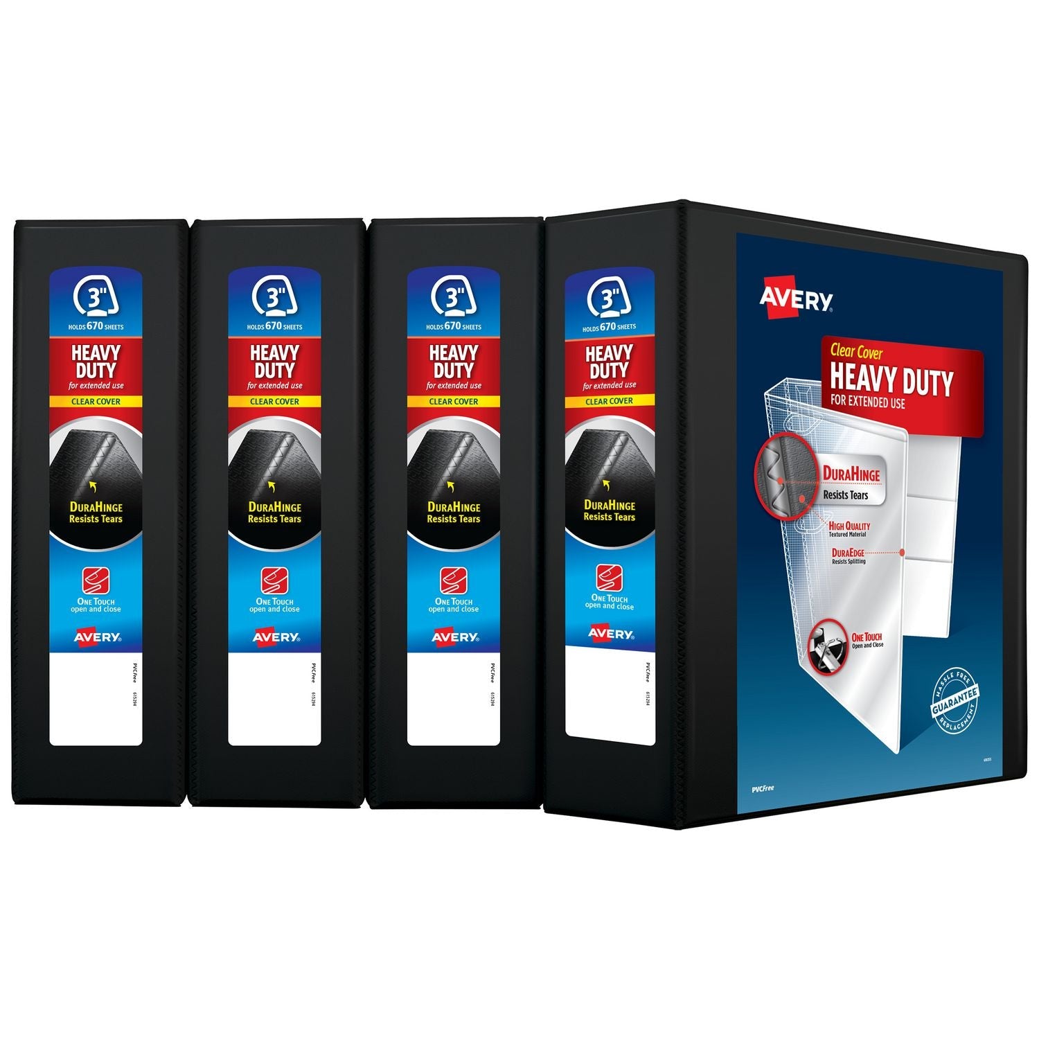Avery® Heavy-Duty View Binder with DuraHinge and One Touch EZD Rings, 3 Rings, 3" Capacity, 11 x 8.5, Black, 4/Carton