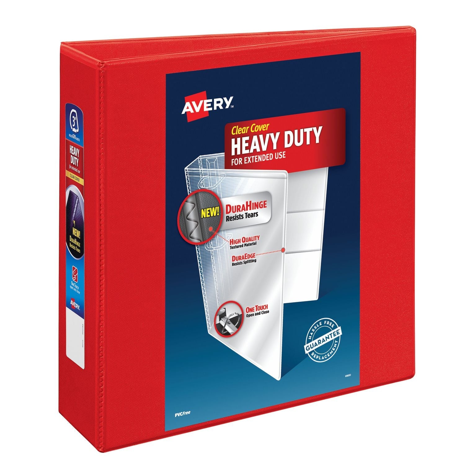 Avery® Heavy-Duty View Binder with DuraHinge and Locking One Touch EZD Rings, 3 Rings, 3" Capacity, 11 x 8.5, Red, 4/Carton