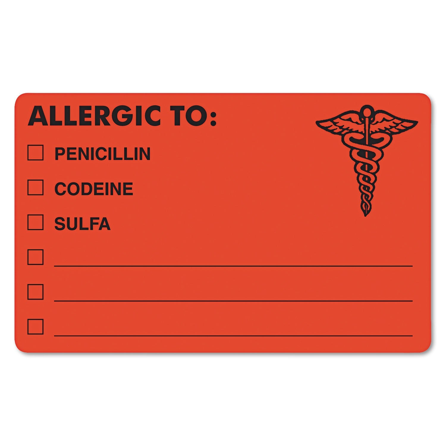 Tabbies® Allergy Warning Labels, Allergic To: Penicilln, Codeine, Sulfa, 2.5 X 4, Fluorescent Red, 100/roll - Bloom Skins