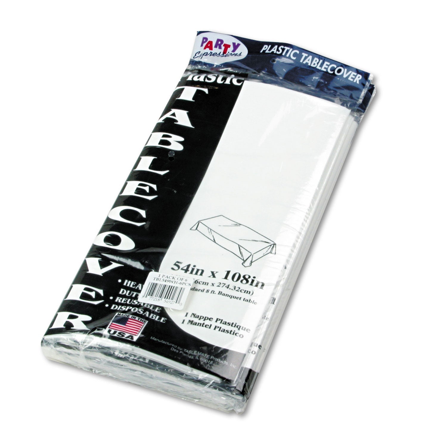 Tablemate® Table Set Rectangular Table Cover, Heavyweight Plastic, 54" X 108", White, 6/pack