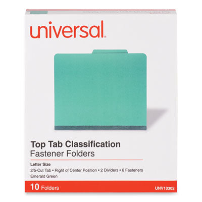 Universal® Bright Colored Pressboard Classification Folders, 2" Expansion, 2 Dividers, 6 Fasteners, Letter Size, Emerald Green, 10/Box
