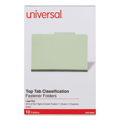 Universal® Four-Section Pressboard Classification Folders, 2" Expansion, 1 Divider, 4 Fasteners, Legal Size, Green Exterior, 10/Box