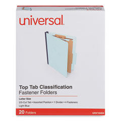 Universal® Four-Section Pressboard Classification Folders, 1.75" Expansion, 1 Divider, 4 Fasteners, Letter Size, Light Blue, 20/Box