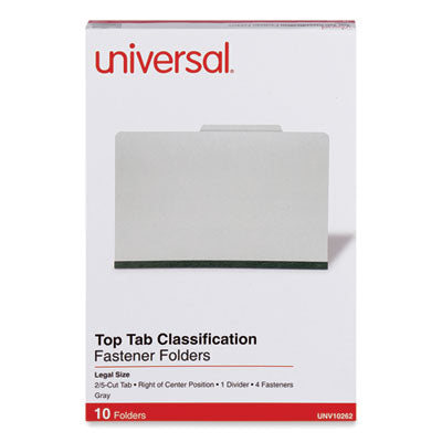 Universal® Four-Section Pressboard Classification Folders, 2" Expansion, 1 Divider, 4 Fasteners, Legal Size, Gray Exterior, 10/Box