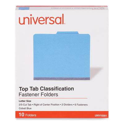 Universal® Bright Colored Pressboard Classification Folders, 2" Expansion, 2 Dividers, 6 Fasteners, Letter Size, Cobalt Blue, 10/Box