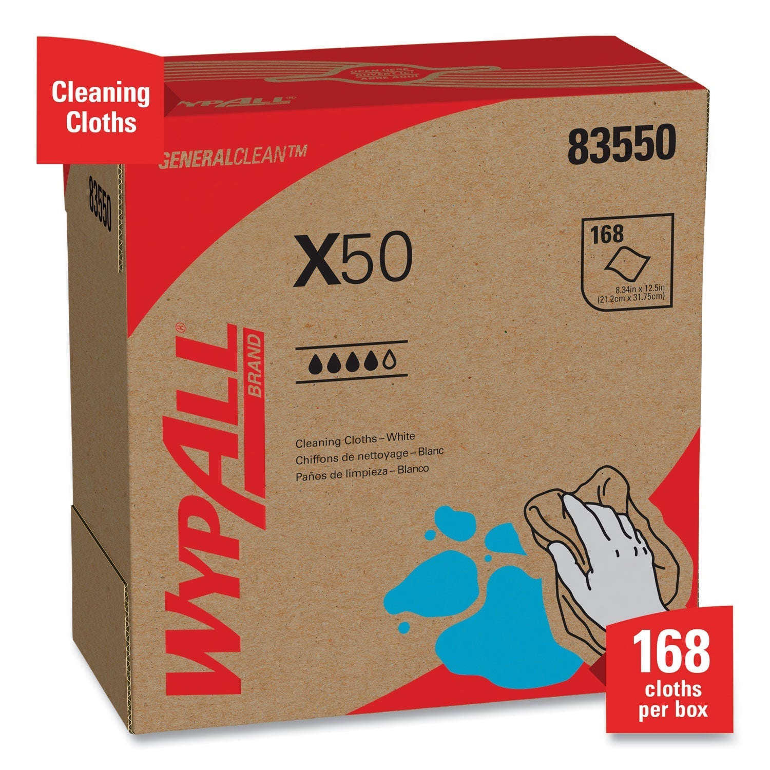 WypAll® X50 Cloths, POP-UP Box, 12.5 x 9.1, White, 168/Box, 10 Boxes/Carton