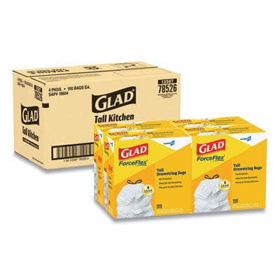 Glad® CloroxPro ForceFlex Tall Kitchen Drawstring Trash Bags, 13 gal, 24 x 27.38, Gray, 100 Bags/Box, 4 Boxes/Carton