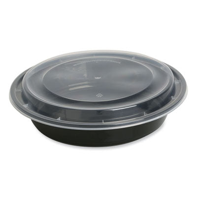 GEN Microwavable Food Container with Lid, Round, 48 oz, 8.85 x 8.85 x 2.24, Black/Clear, Plastic, 150/Carton