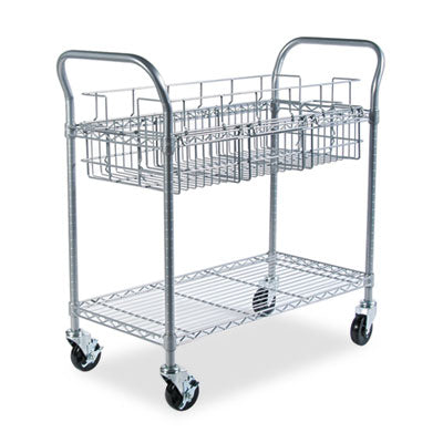 Safco® Dual-Purpose Wire Mail and Filing Cart, Metal, 1 Shelf, 1 Bin, 39" x 18.75" x 38.5", Metallic Gray