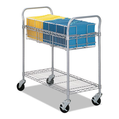Safco® Dual-Purpose Wire Mail and Filing Cart, Metal, 1 Shelf, 1 Bin, 39" x 18.75" x 38.5", Metallic Gray