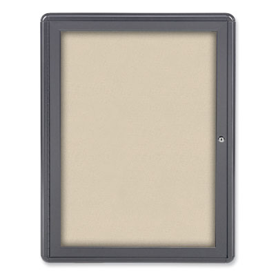 Ghent Ovation 1 Door Enclosed Fabric Bulletin Board, 24.13" x 33.75", Beige Surface, Powder-Coated Gray Aluminum Frame