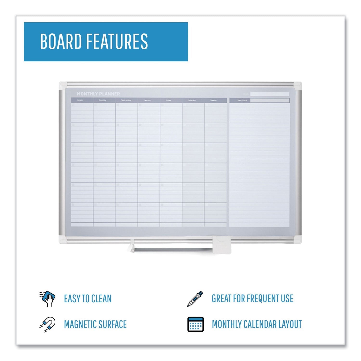 MasterVision® Magnetic Dry Erase Calendar Board, Monthly Planning/Scheduling, 36" x 24", White Surface, Satin Aluminum Frame